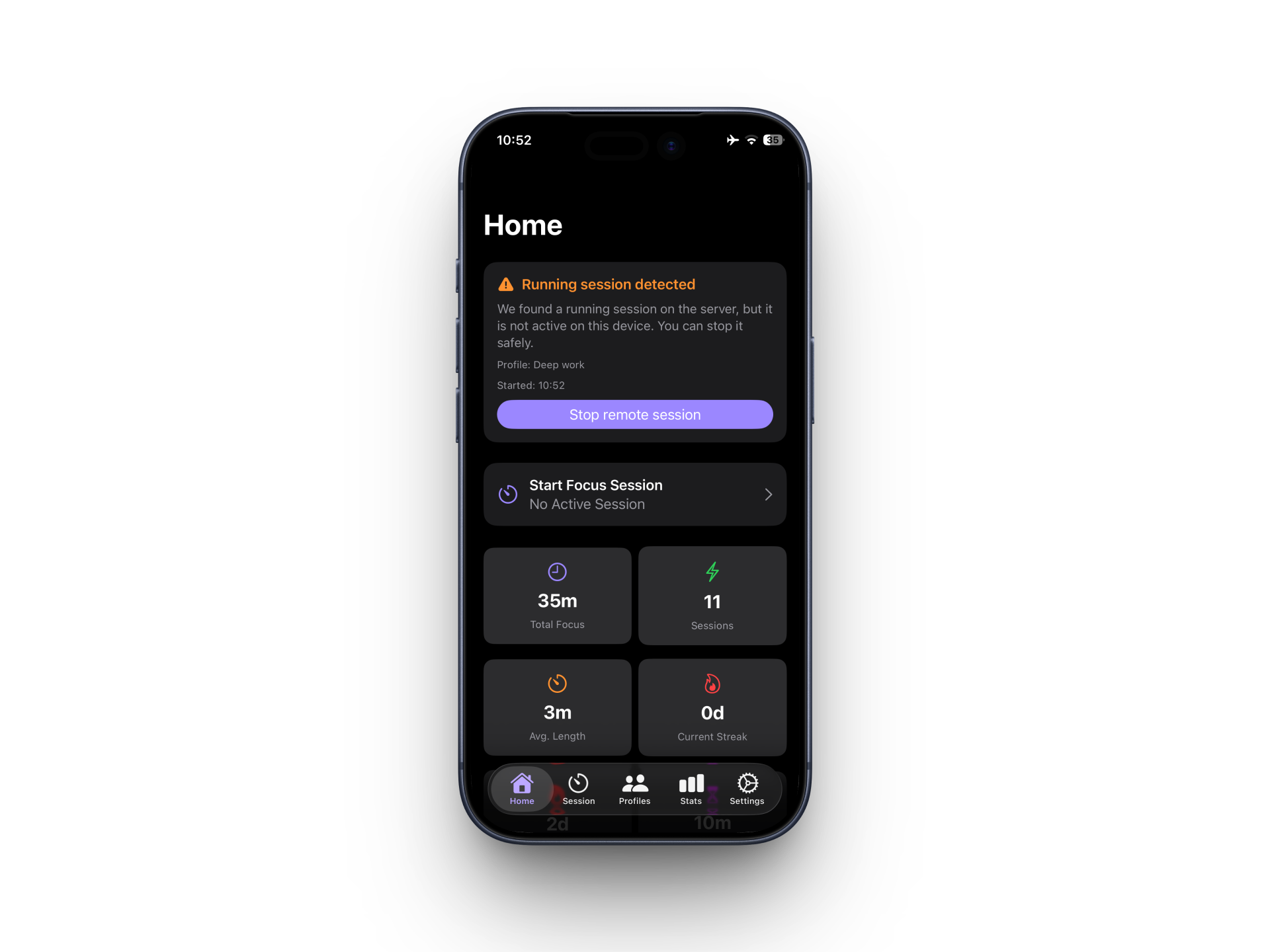 Home screen with Running session detected card and Stop remote session button