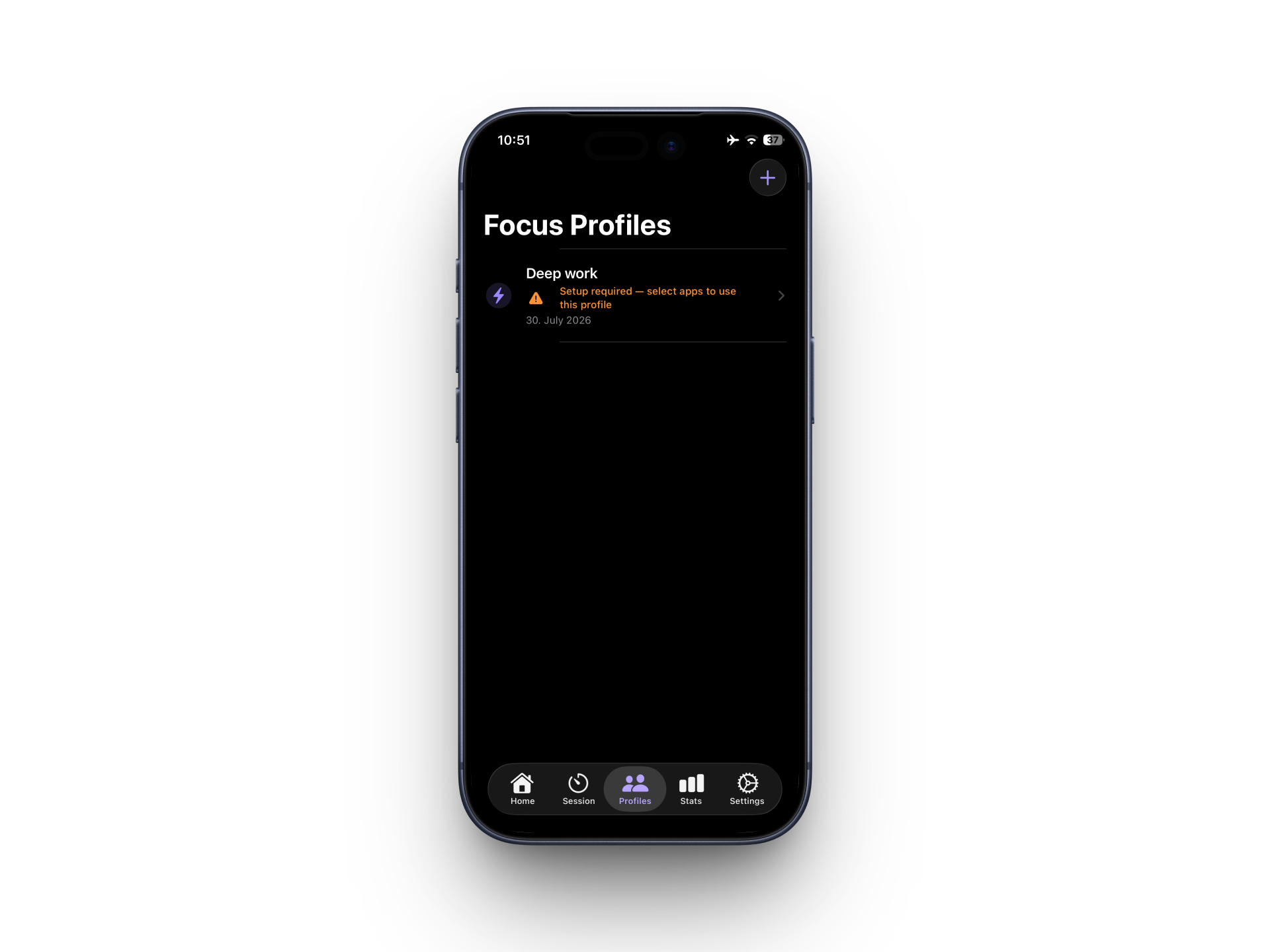 Focus Profiles screen showing a synced Deep work profile with Setup required — select apps to use this profile